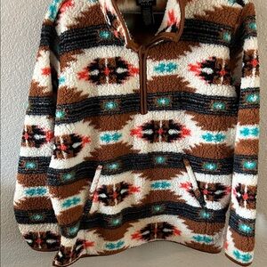 Teddy Sherpa Jacket with Aztec Print - Brown & Teal
